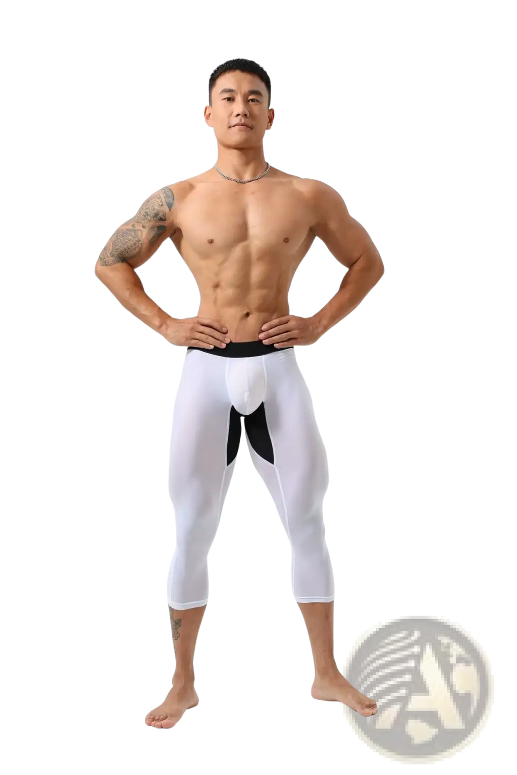 Men nylon fitness tights workout pants in white and black with sleek form-fitting athletic design for workouts