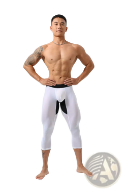 Men nylon fitness tights workout pants in white and black with sleek form-fitting athletic design for workouts