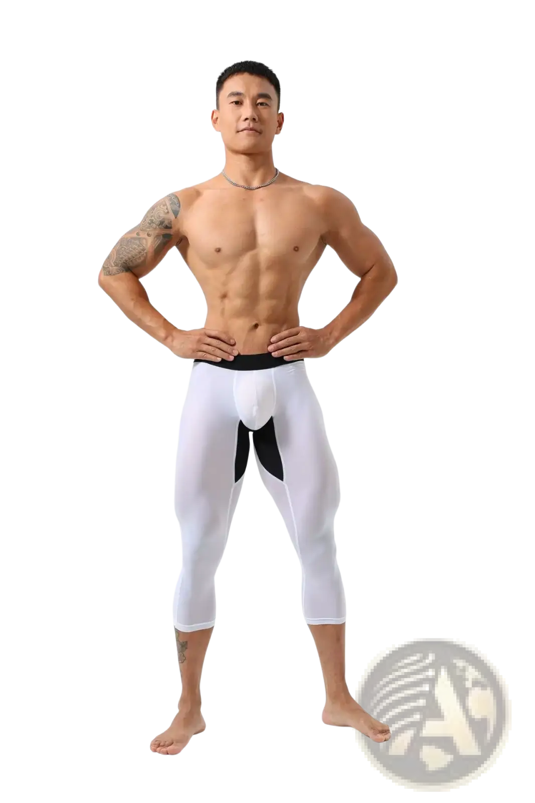 Men nylon fitness tights workout pants in white and black with sleek form-fitting athletic design for workouts
