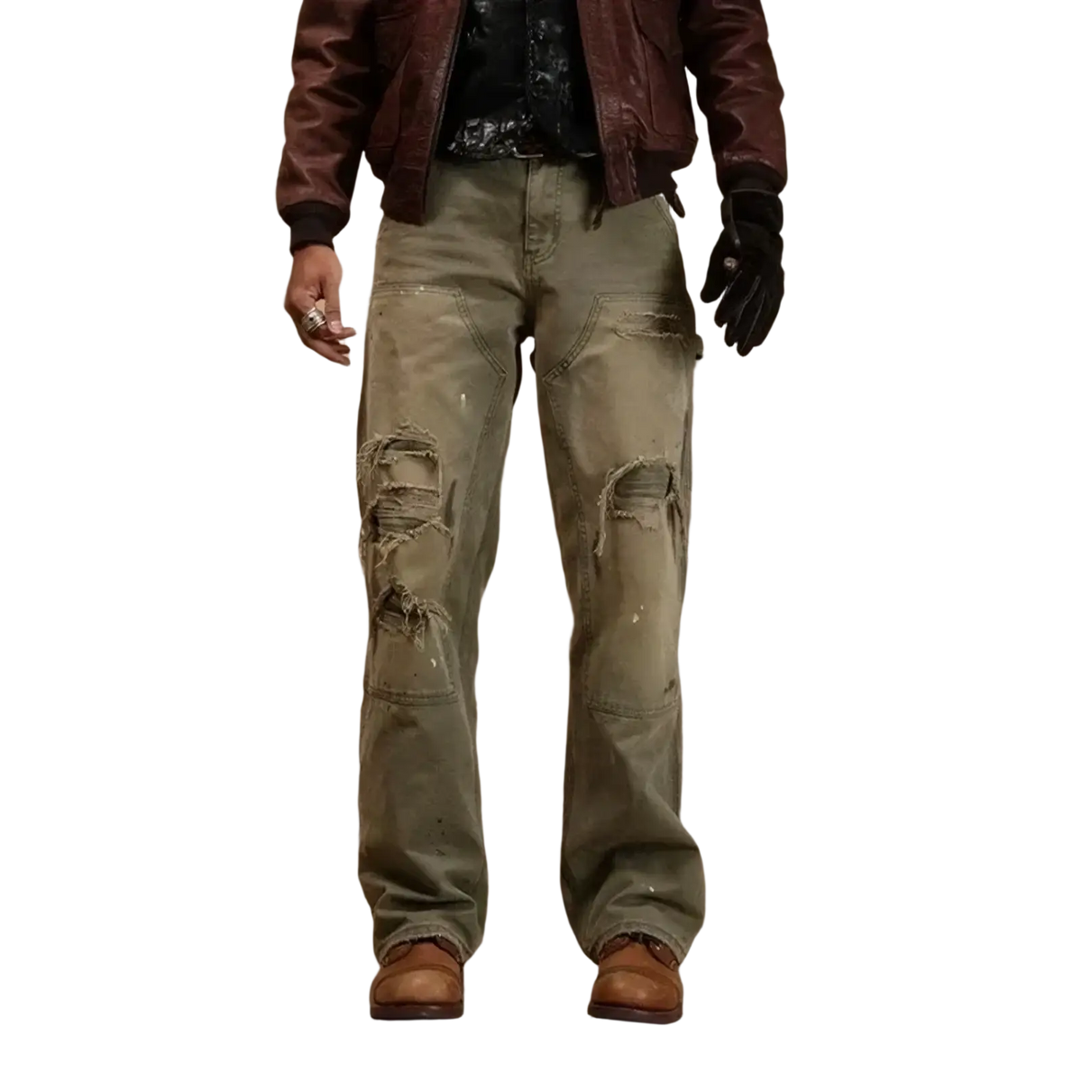 Men olive green distressed cargo jeans in denim with ripped knees and reinforced patches for casual wear