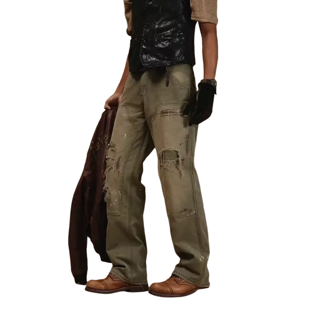 Men olive green distressed denim cargo jeans with reinforced patches and frayed edges for durable workwear