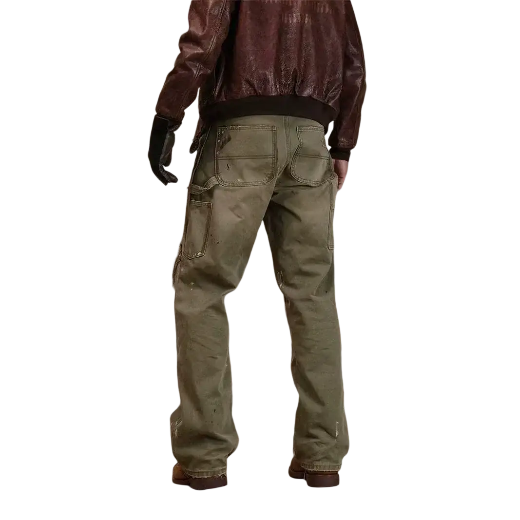 Men olive green distressed cargo jeans featuring multiple pockets and a slightly worn utilitarian design