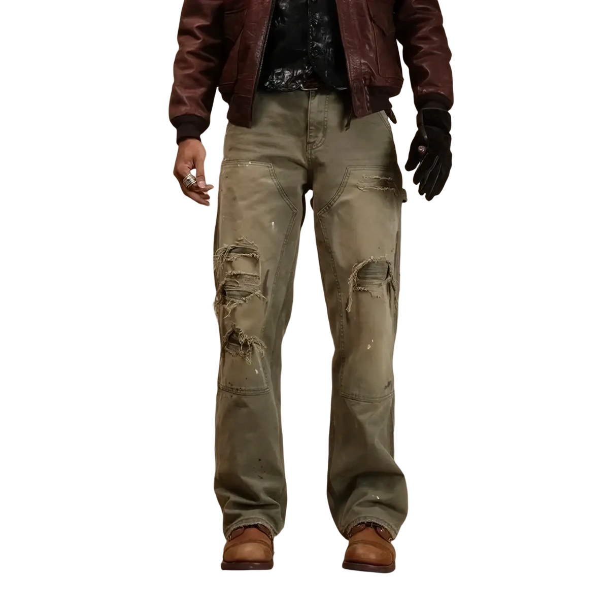 Men olive green distressed cargo jeans made of denim with ripped knees and paint splatter details