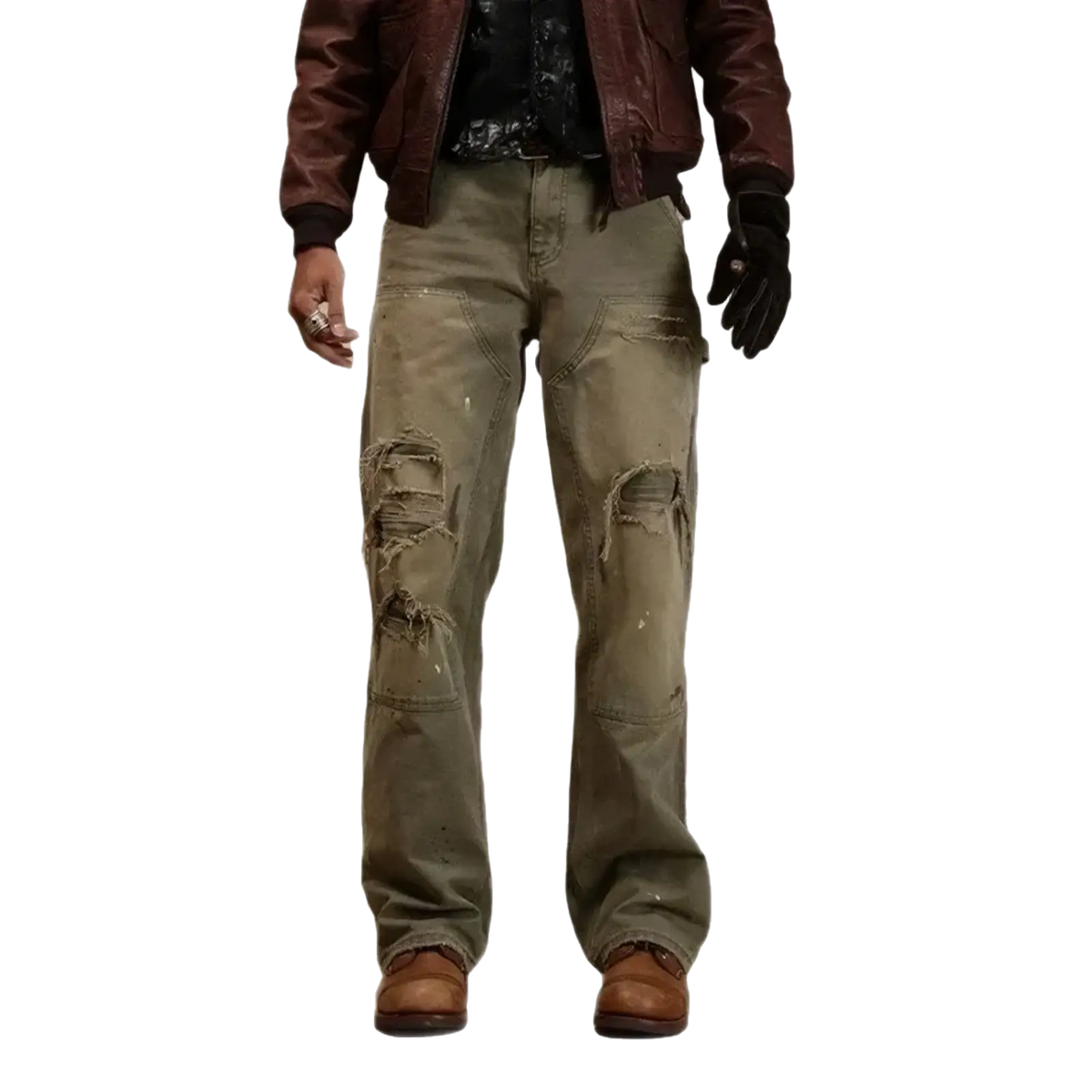Men olive green distressed cargo jeans made of denim with ripped knee patches and frayed edges visible from the front
