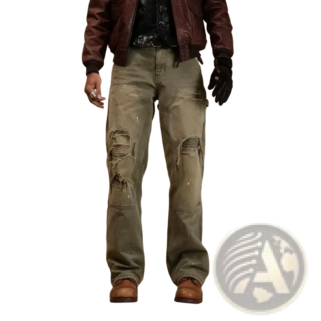 Men olive green distressed cargo jeans in denim with ripped knees and reinforced patches for casual wear