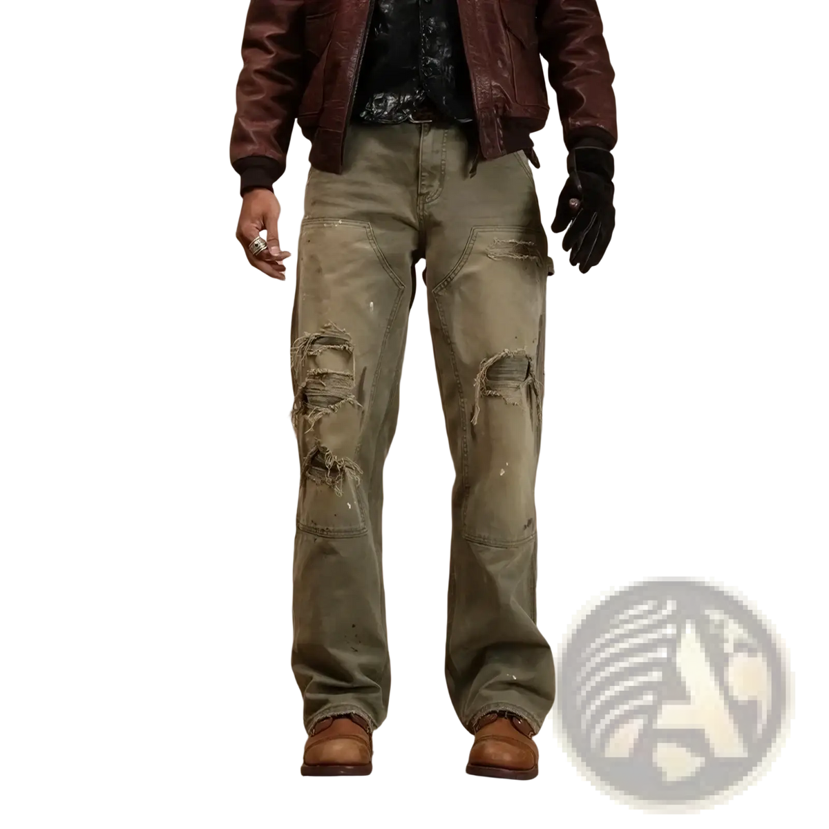 Men olive green distressed cargo jeans made of denim with ripped knees and paint splatter details