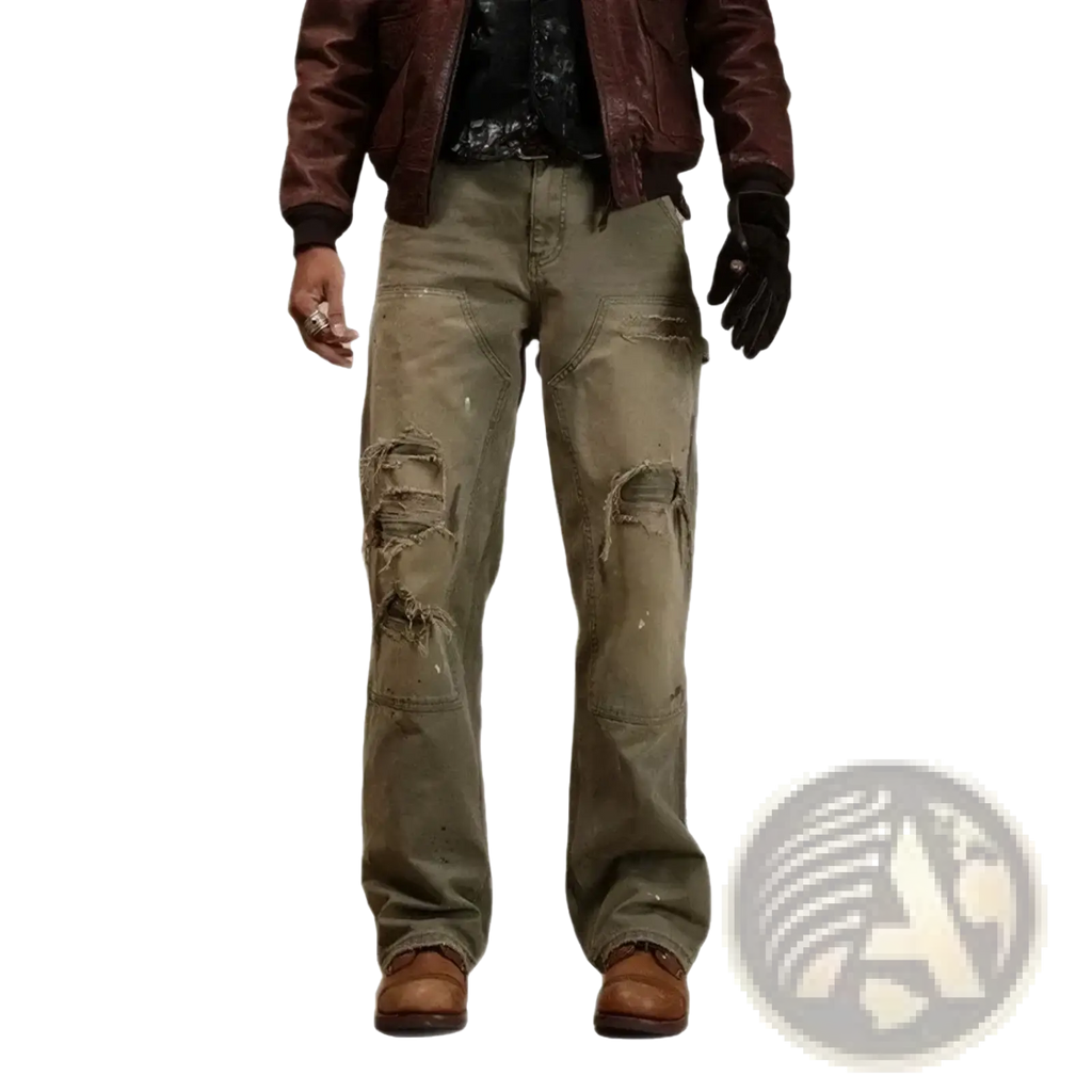 Men olive green distressed cargo jeans made of denim with ripped knee patches and frayed edges visible from the front