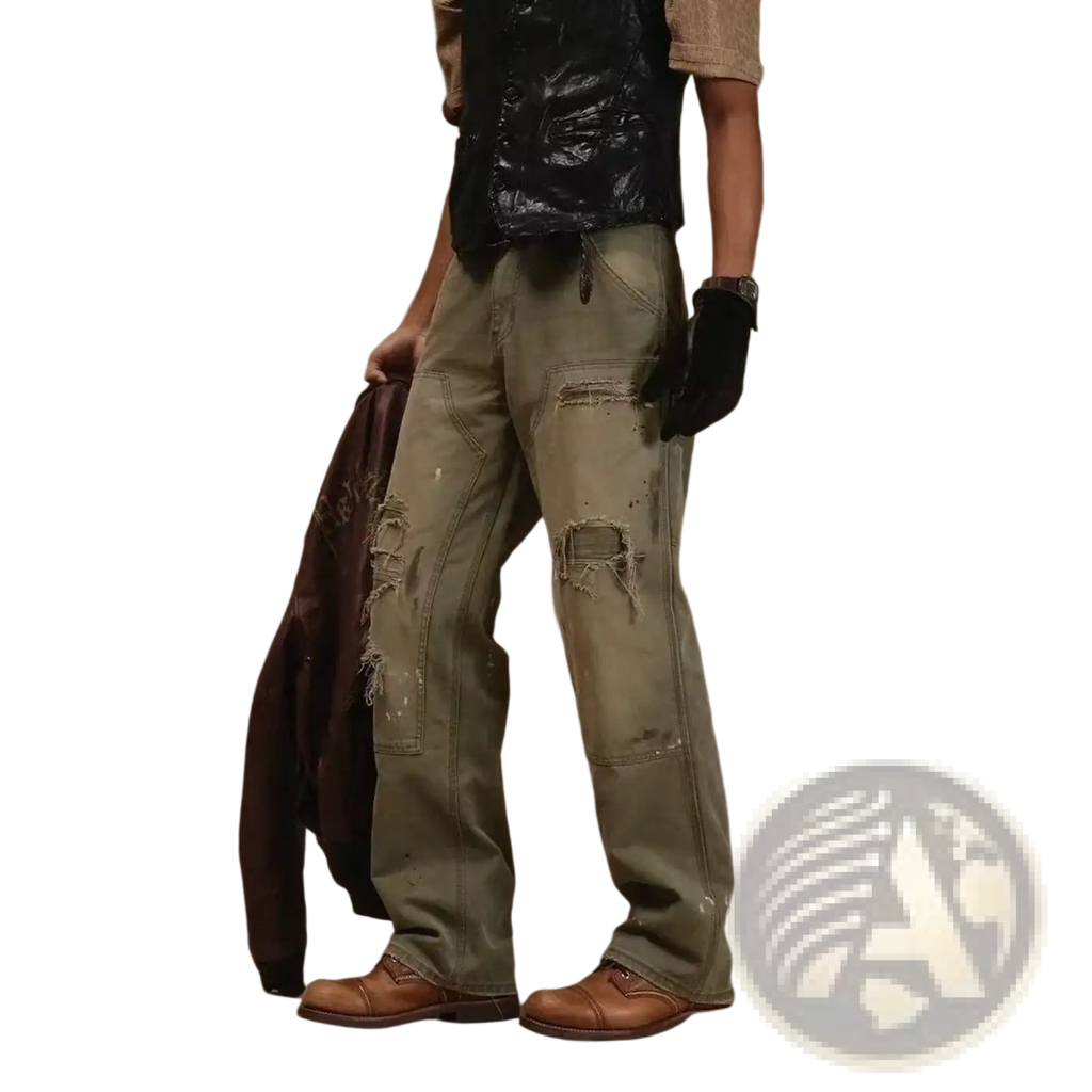 Men olive green distressed denim cargo jeans with reinforced patches and frayed edges for durable workwear