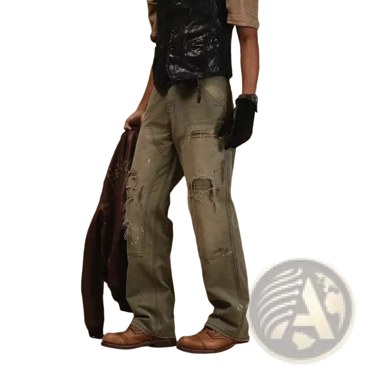Men olive green distressed denim cargo jeans with reinforced patches and frayed edges for durable workwear