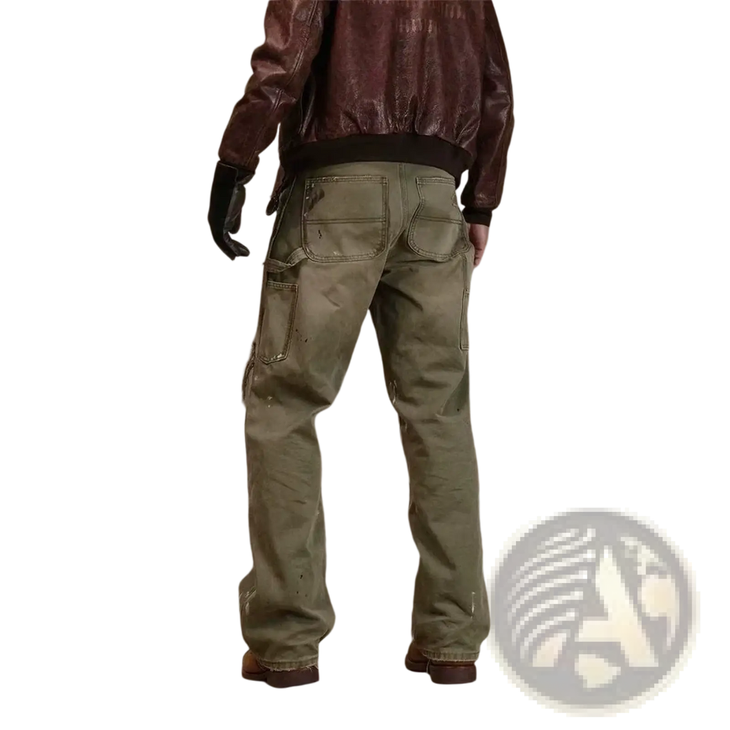 Men olive green distressed cargo jeans featuring multiple pockets and a slightly worn utilitarian design