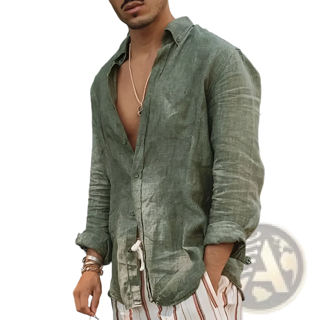 A man wearing a men olive green linen casual shirt with loose fit rolled sleeves and open front
