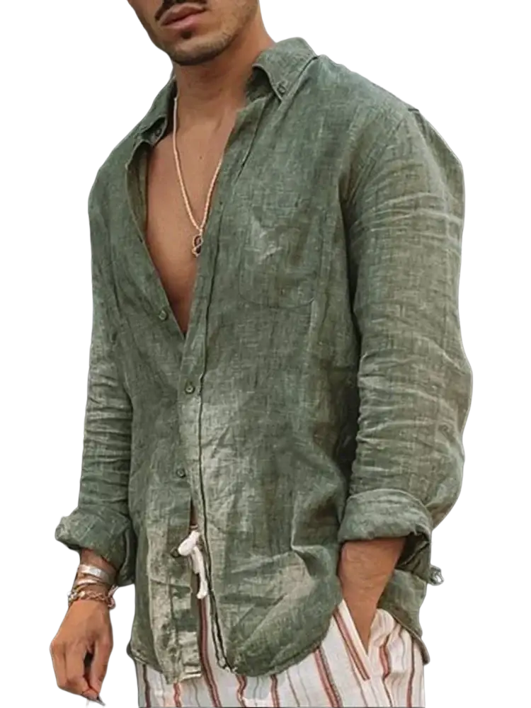A man wearing a men olive green linen casual shirt with loose fit rolled sleeves and an open collar
