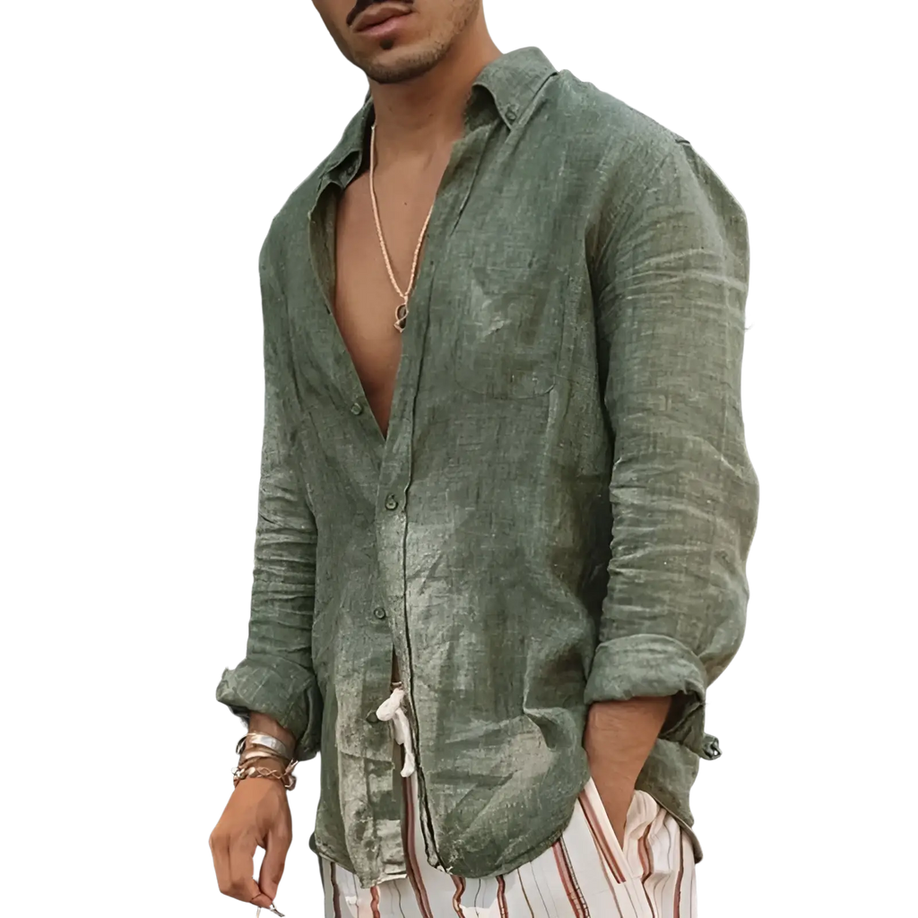 A man wearing a men olive green linen casual shirt with loose fit rolled sleeves and open front