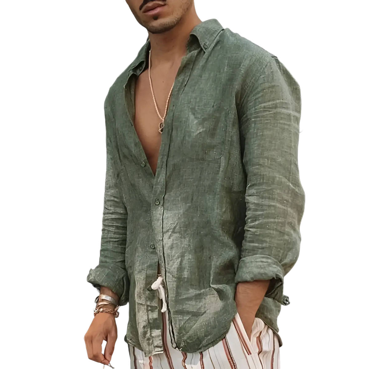 A man wearing a men olive green linen casual shirt with loose fit rolled sleeves and open front