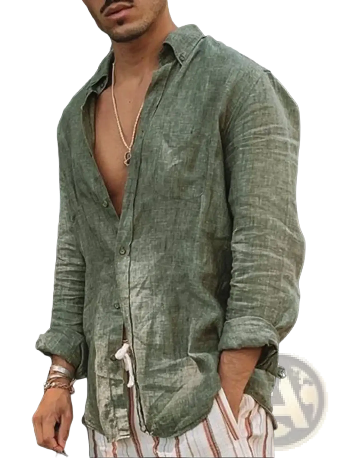 A man wearing a men olive green linen casual shirt with loose fit rolled sleeves and an open collar
