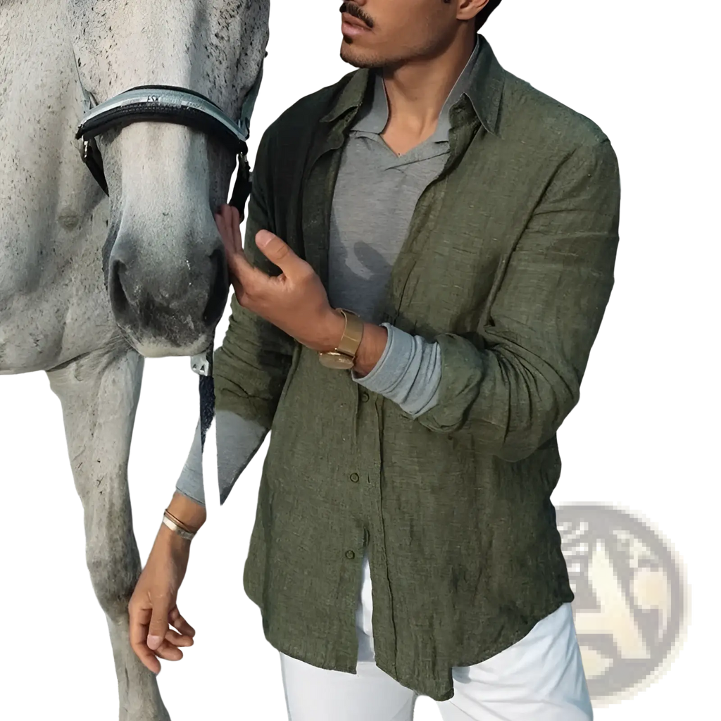 Men olive green linen casual shirt with textured fabric worn over a gray polo and white pants for a stylish look