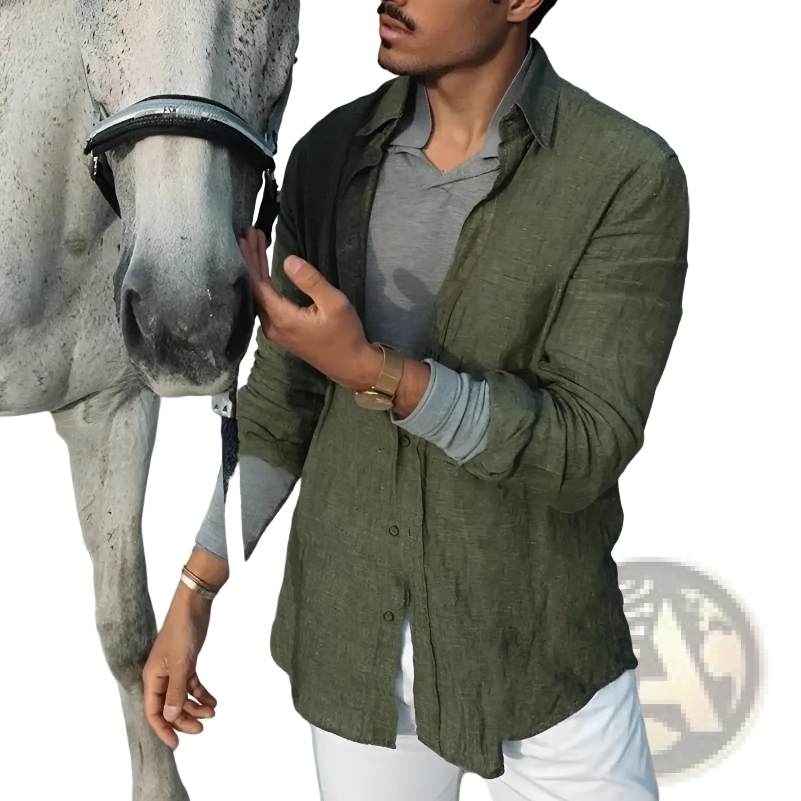 Men olive green linen casual shirt with textured fabric worn over a gray polo and white pants for a stylish look