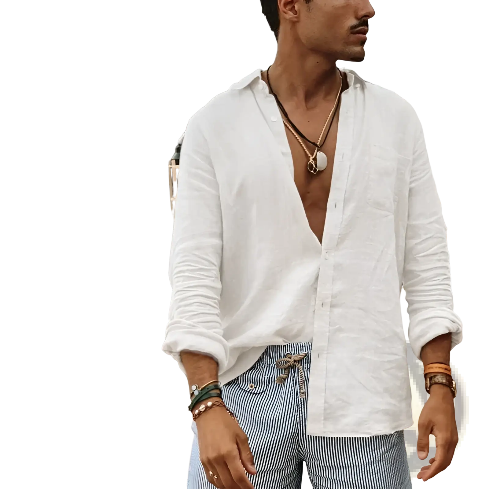 Men olive green linen casual shirt shown as white linen button-up with rolled sleeves and deep v-neckline