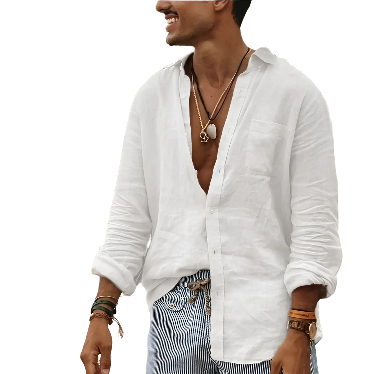 Men olive green linen casual shirt displayed with white linen button-down shirt featuring rolled sleeves and relaxed fit
