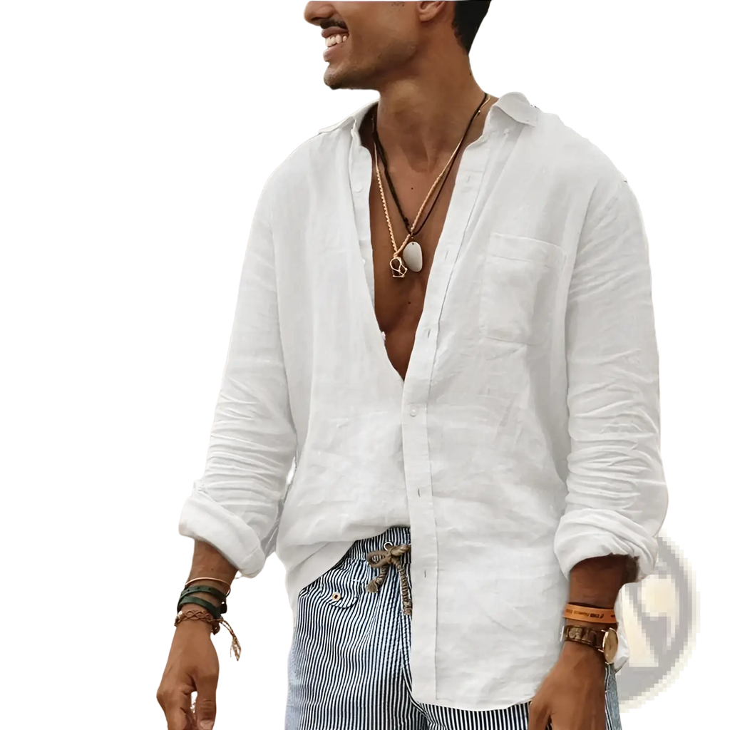 Men olive green linen casual shirt displayed with white linen button-down shirt featuring rolled sleeves and relaxed fit