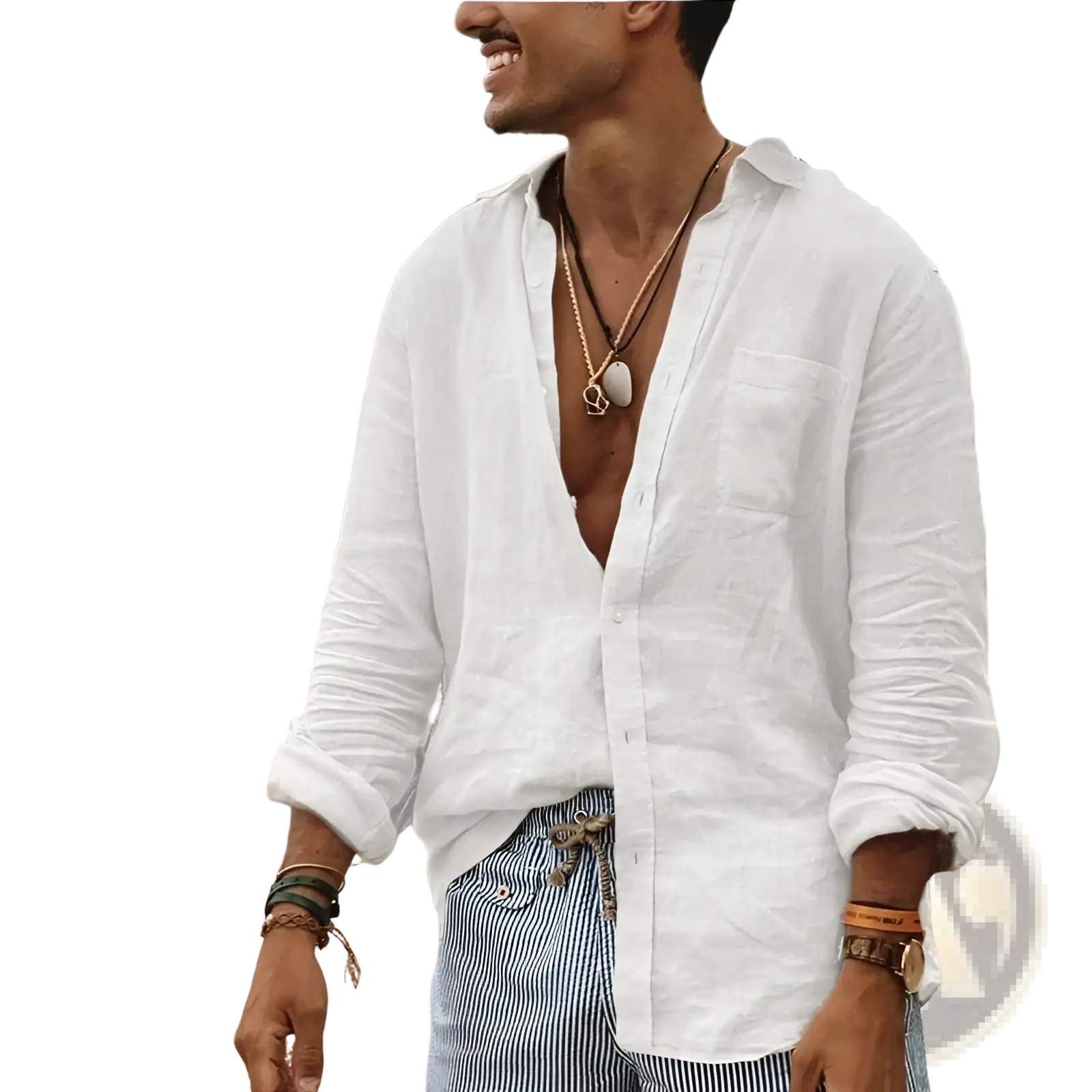 Men olive green linen casual shirt displayed with white linen button-down shirt featuring rolled sleeves and relaxed fit
