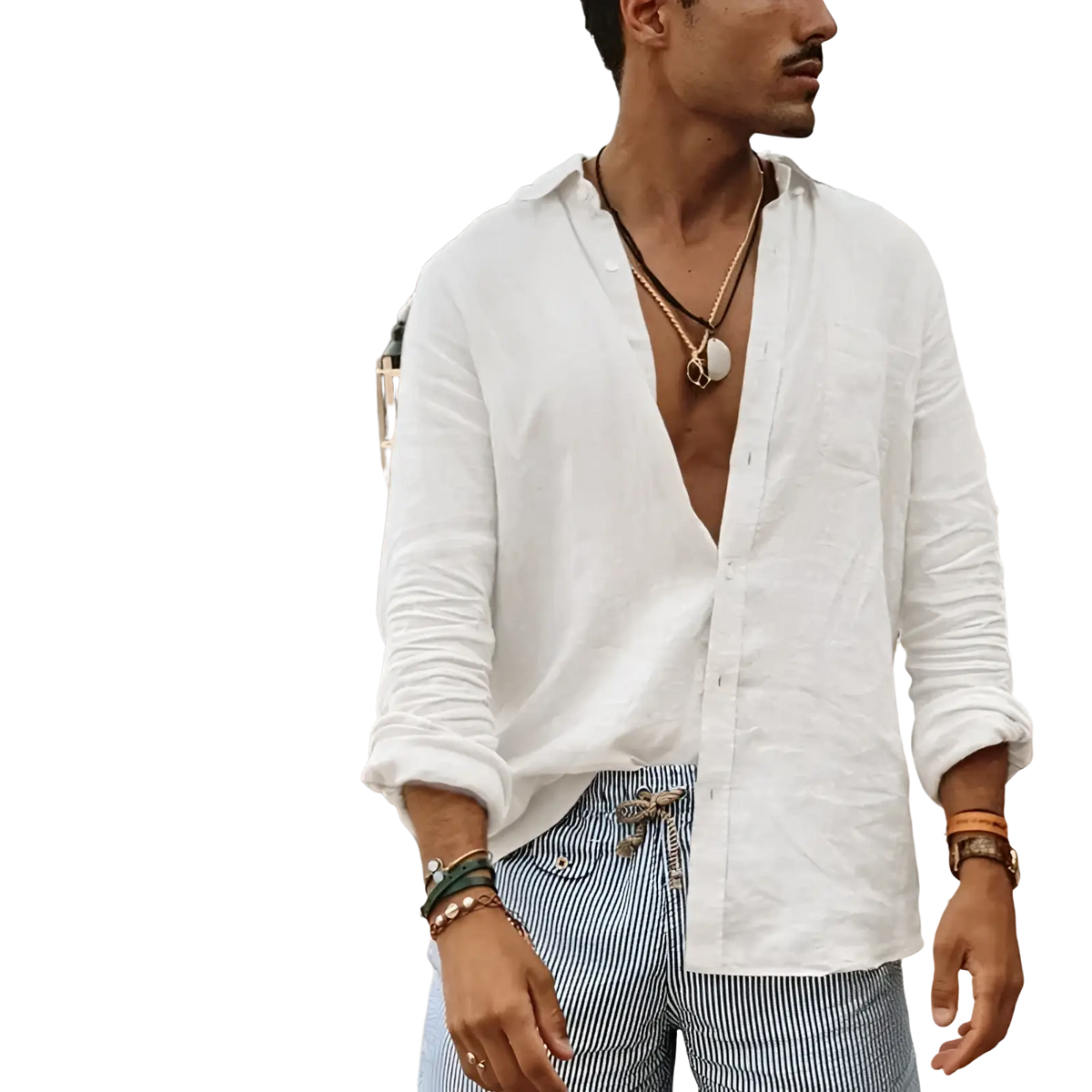 Men olive green linen casual shirt shown as white linen button-up with rolled sleeves and deep v-neckline