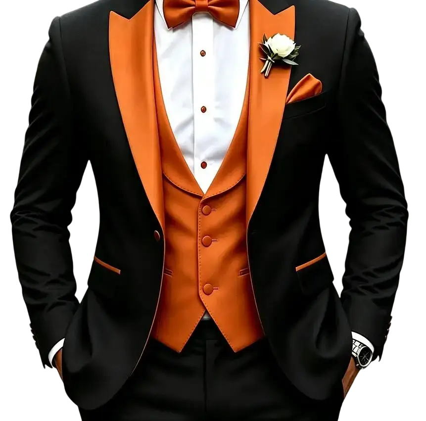 Men orange peaked lapel 3 piece tuxedo suit with black fabric, vibrant orange satin lapels, and matching vest ideal for formal events and customs duties considerations