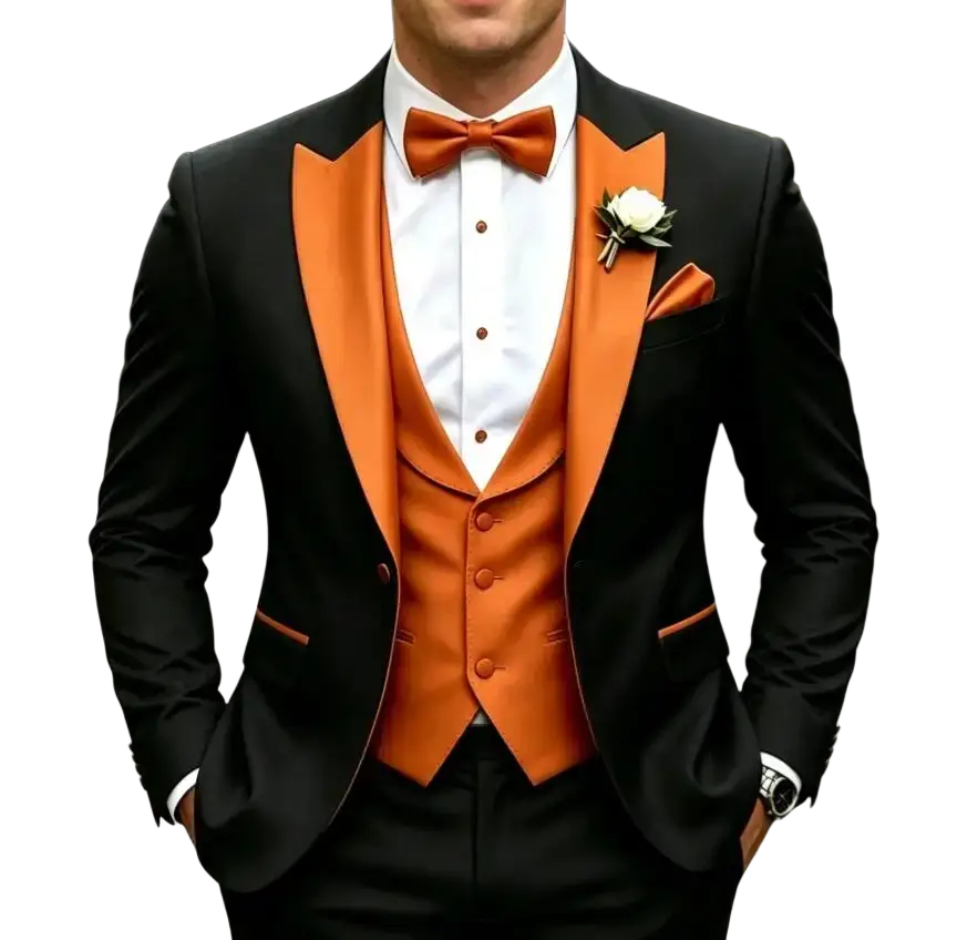 Men orange peaked lapel 3 piece tuxedo suit with vibrant orange satin lapels and matching vest in black fabric