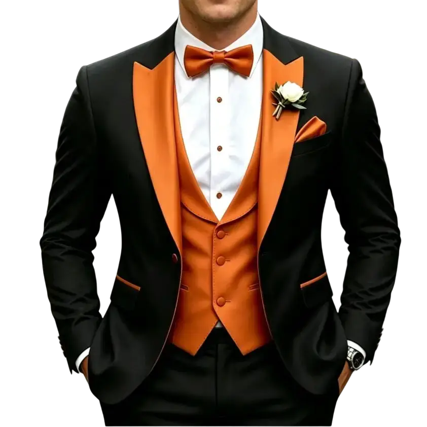 Men orange peaked lapel 3 piece tuxedo suit with vibrant orange satin lapels vest bow tie tailored for body size and closure type