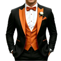 Men orange peaked lapel 3 piece tuxedo suit with vibrant orange satin lapels vest bow tie tailored for body size and closure type