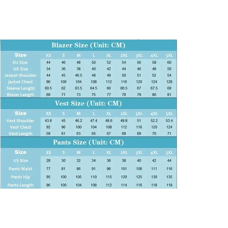 Blue and white garment size chart for men orange peaked lapel 3 piece tuxedo suit showing body size and closure type details