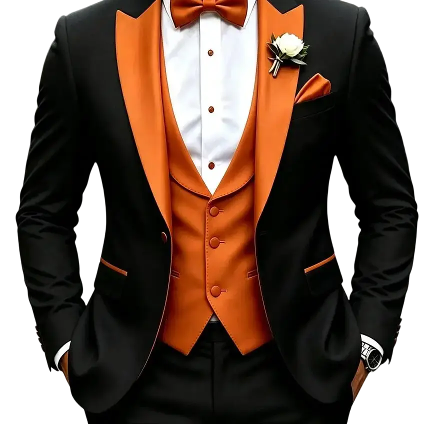 Elegant men orange peaked lapel 3 piece tuxedo suit with vibrant satin lapels vest bow tie closure type tailored for body size