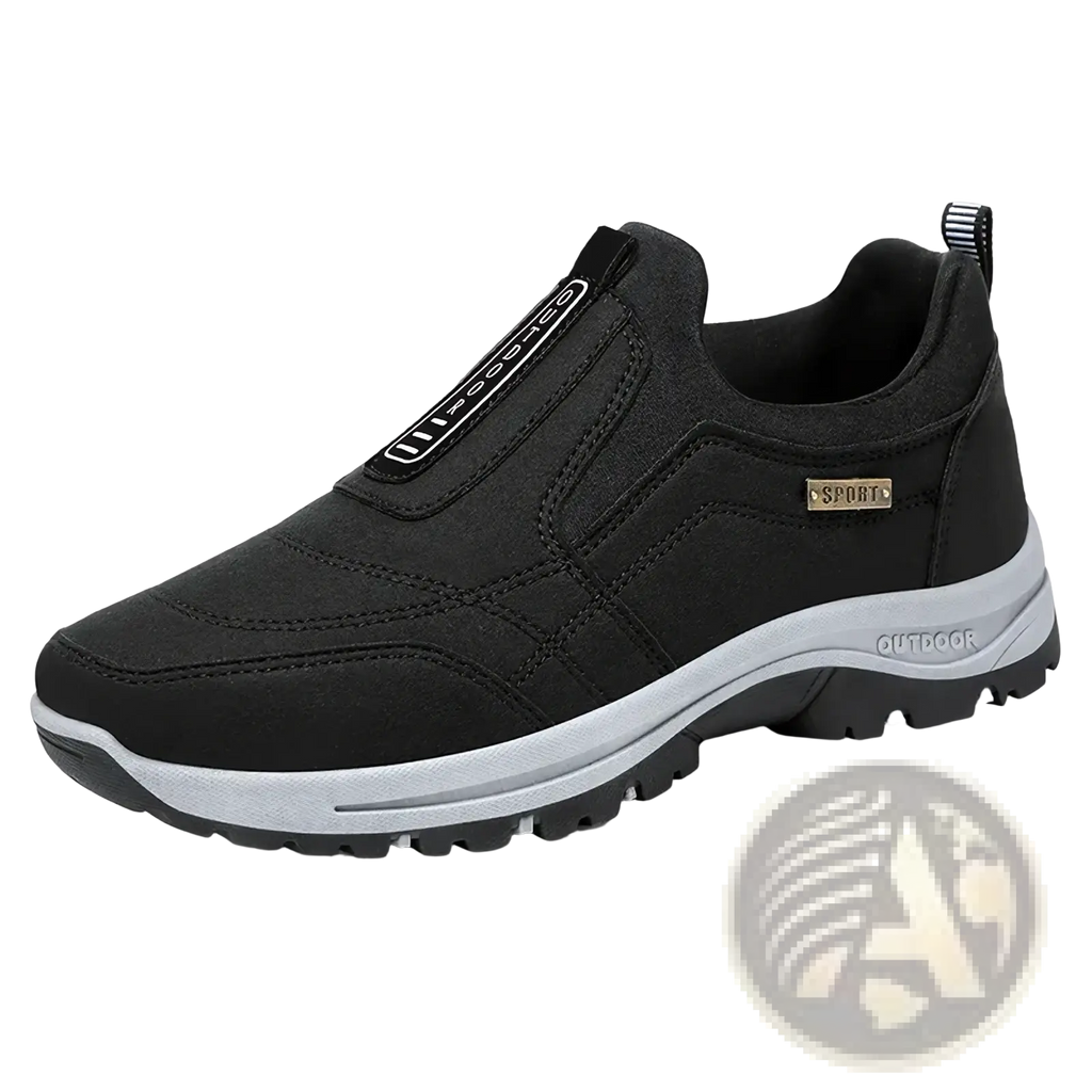 Men orthopedic slip-on walking shoe in black with gray midsole and textured rubber outsole featuring subtle stitching