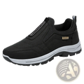 Men orthopedic slip-on walking shoe in black with gray midsole and textured rubber outsole featuring subtle stitching