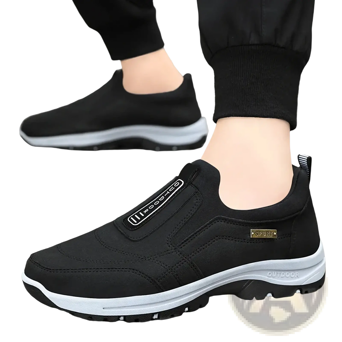 Men orthopedic slip-on walking shoes in black with white rubber sole gray midsole and zipper pull tab on the side