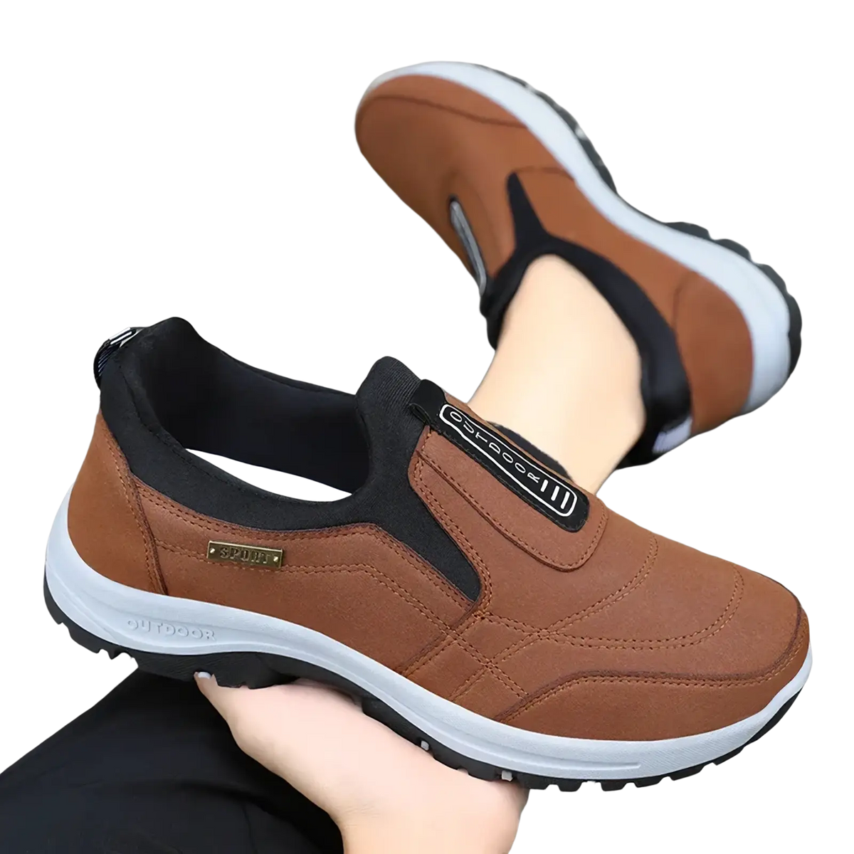 Men orthopedic slip-on walking shoes in brown and black with white midsole and textured rubber outsole for grip