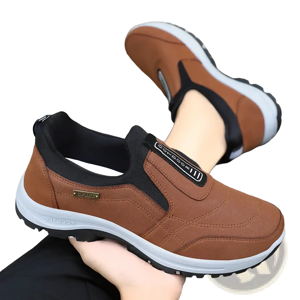 Men orthopedic slip-on walking shoes in brown and black with white midsole and textured rubber outsole for grip