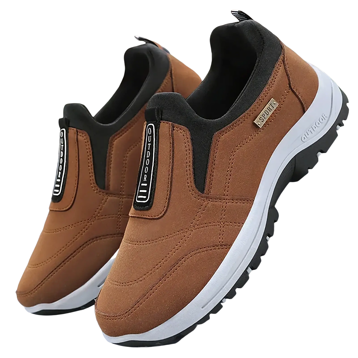 Men orthopedic slip-on walking shoes in brown suede with black accents white soles and outdoor branding on the side