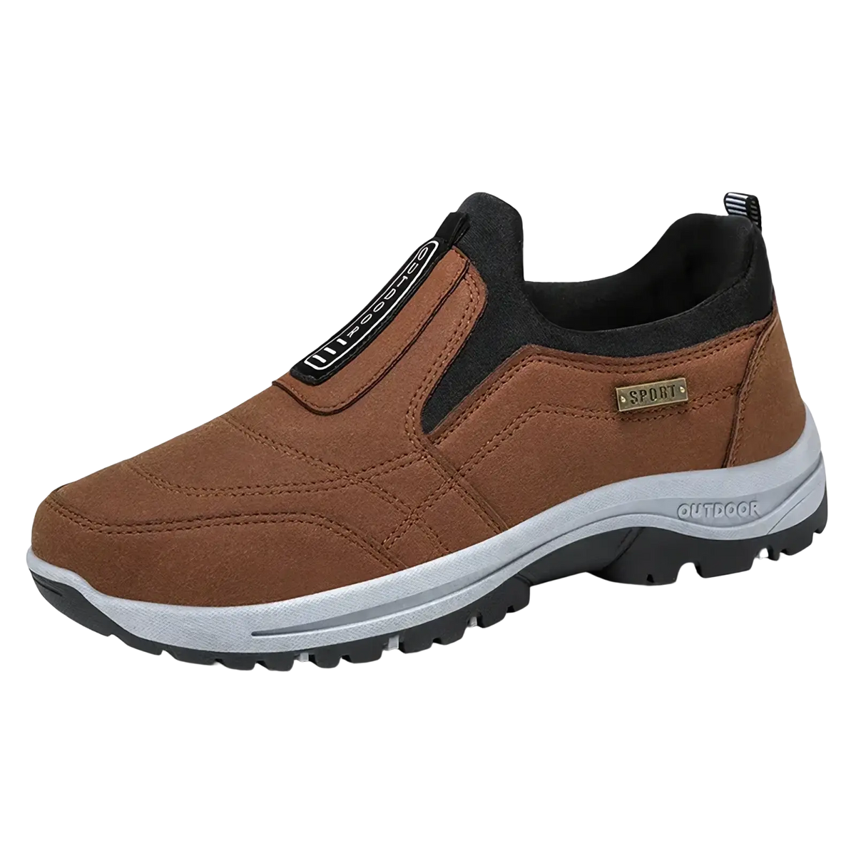 Men orthopedic slip-on walking shoe in brown suede with black accents and a gray rubber sole for comfort and support