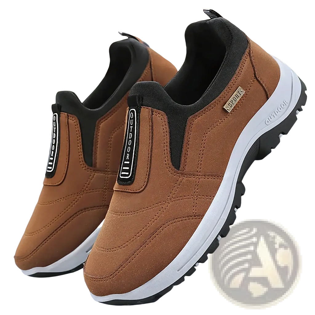 Men orthopedic slip-on walking shoes in brown suede with black accents white soles and outdoor branding on the side