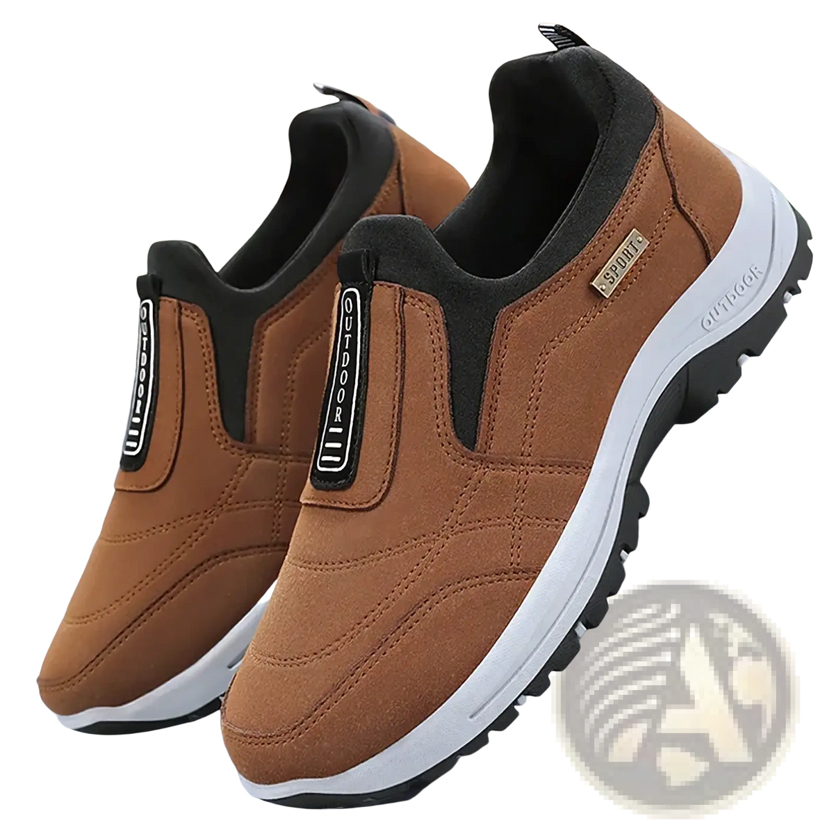 Men orthopedic slip-on walking shoes in brown suede with black accents white soles and outdoor branding on the side