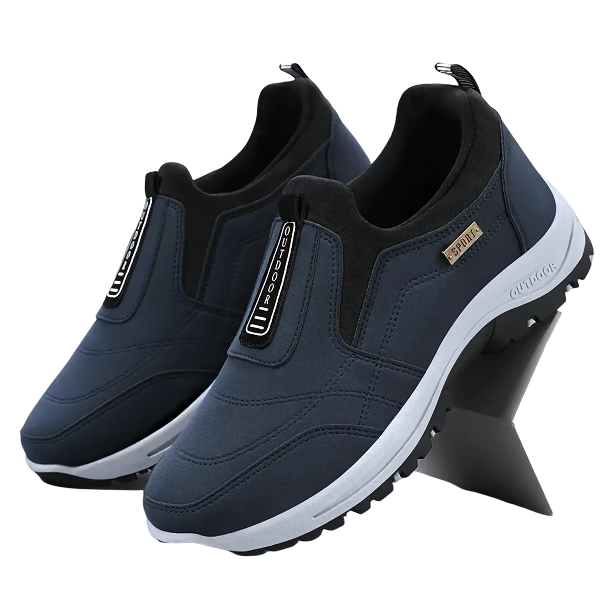 Men orthopedic slip-on walking shoes in dark blue with white soles black accents and outdoor branding on side strap