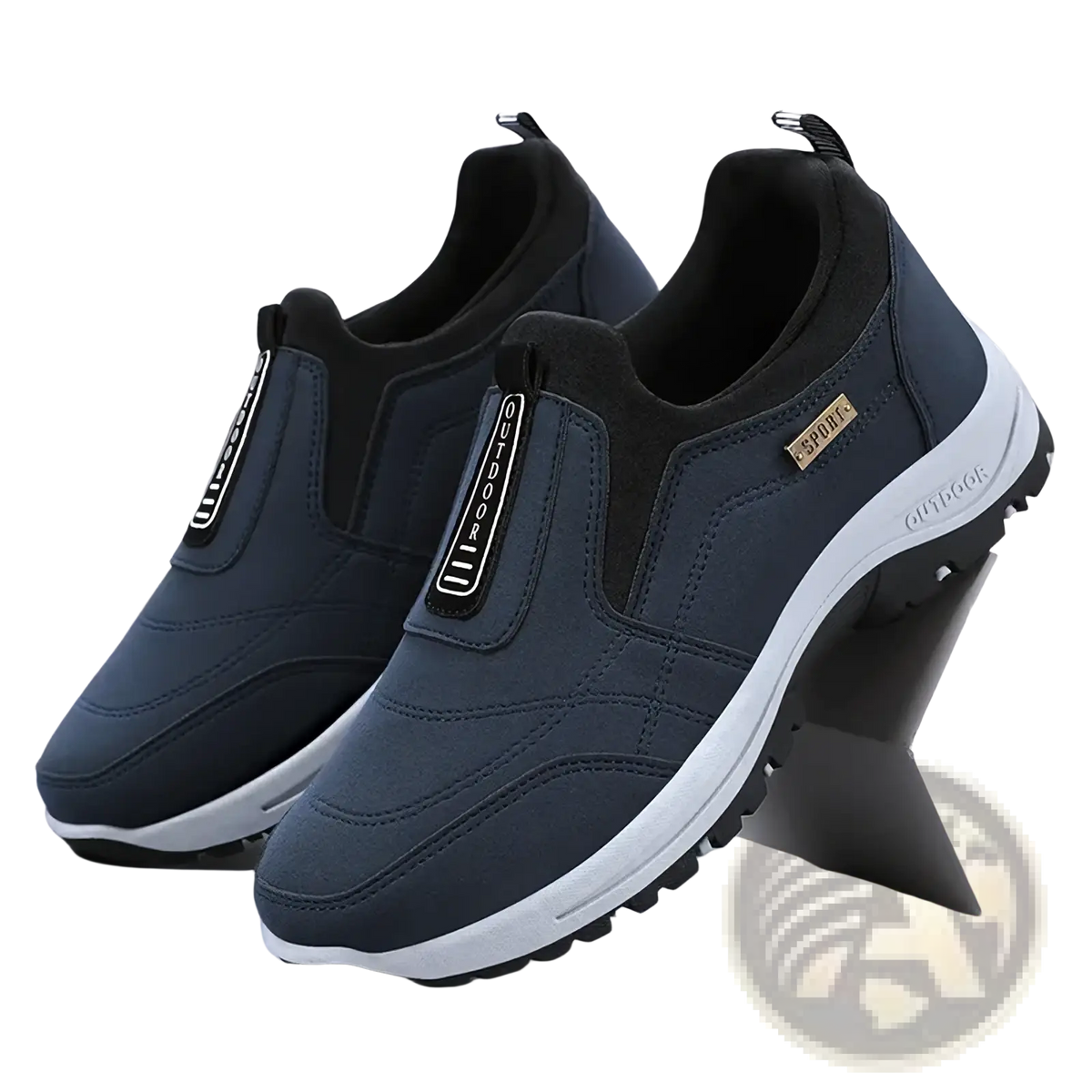 Men orthopedic slip-on walking shoes in dark blue with white soles black accents and outdoor branding on side strap