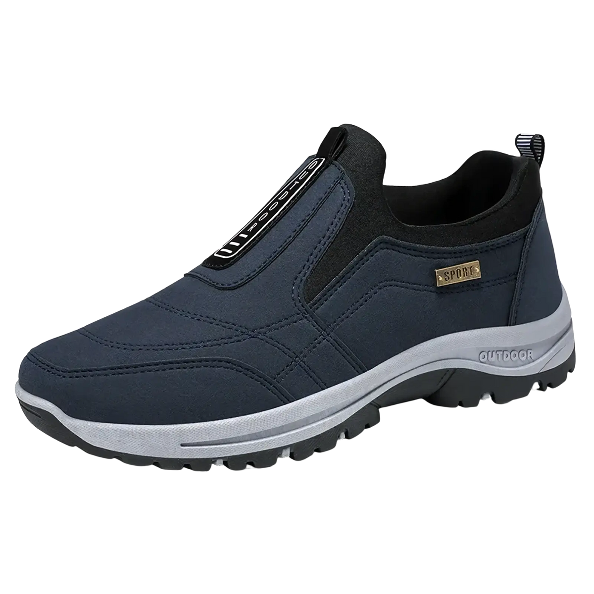 Men orthopedic slip-on walking shoe in dark navy blue with black accents and a gray midsole designed for comfort