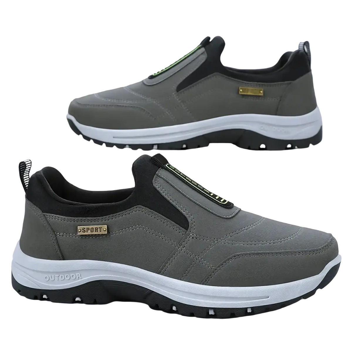 Men orthopedic slip-on walking shoes in gray and black with white midsole featuring sport branding on the side