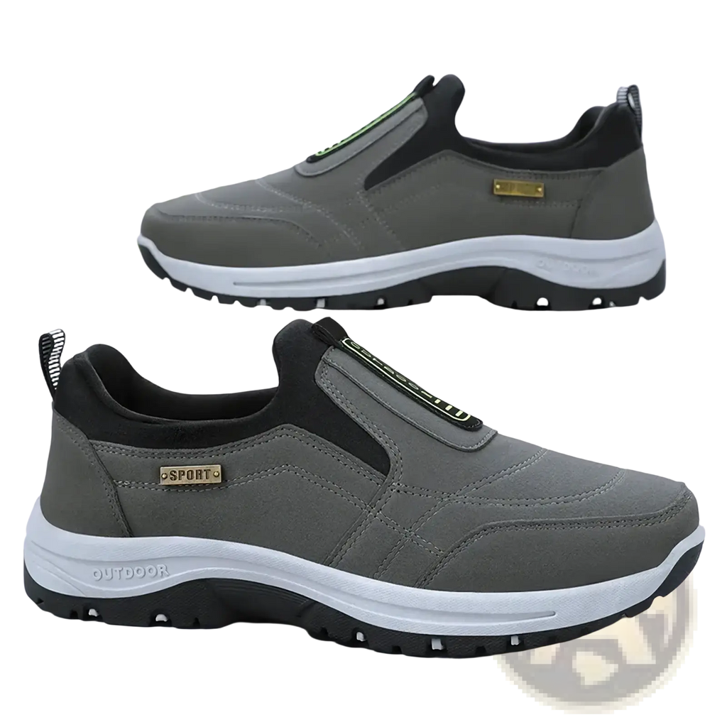 Men orthopedic slip-on walking shoes in gray and black with white midsole featuring sport branding on the side