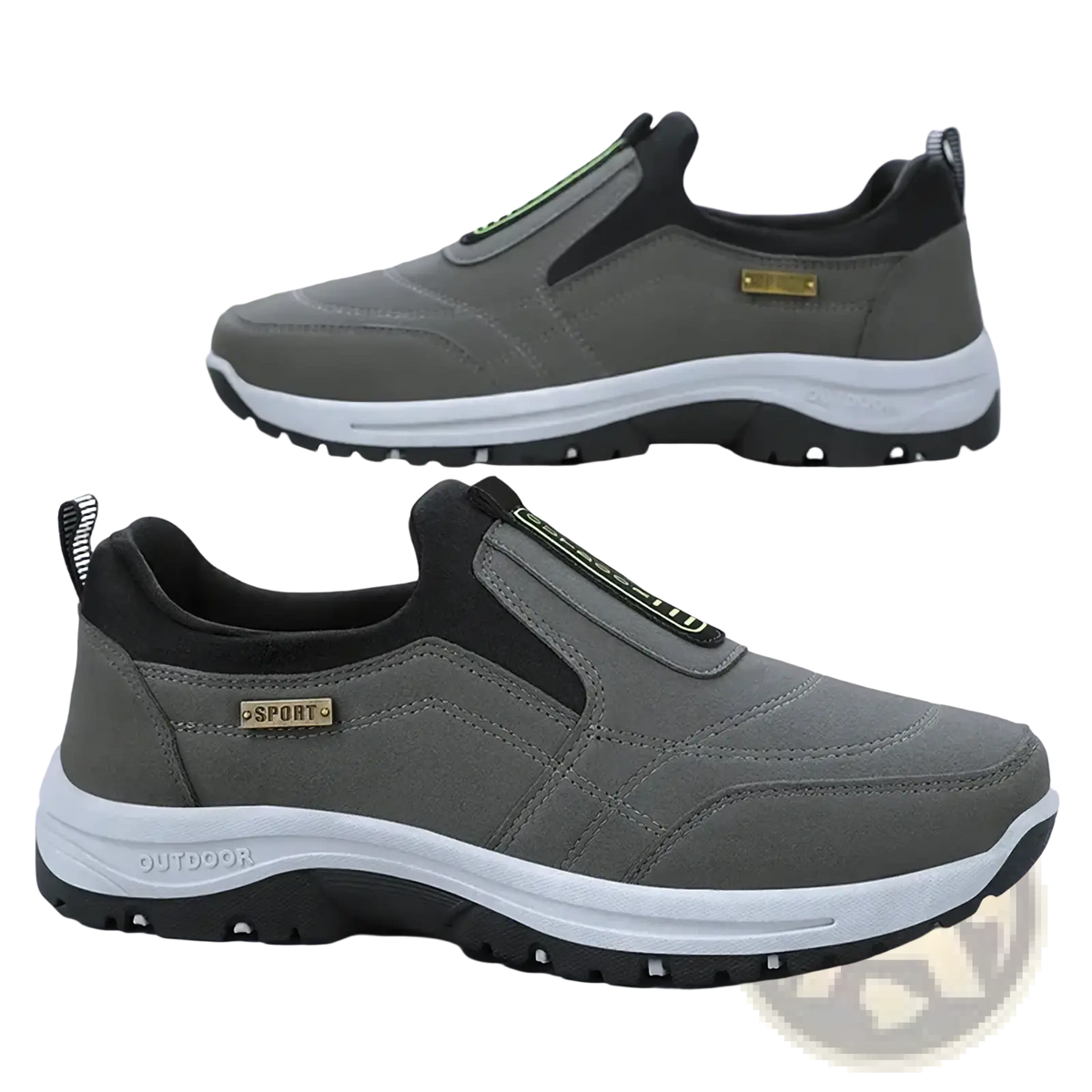 Men orthopedic slip-on walking shoes in gray and black with white midsole featuring sport branding on the side