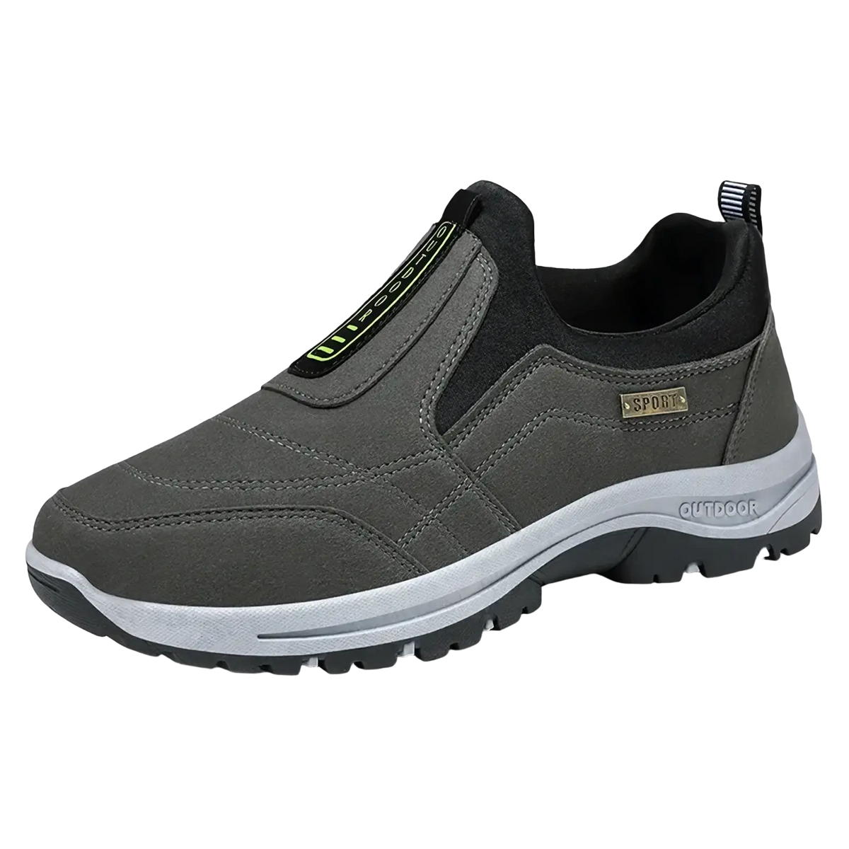 Men orthopedic slip-on walking shoe in gray with black accents white midsole and green branding for outdoor use