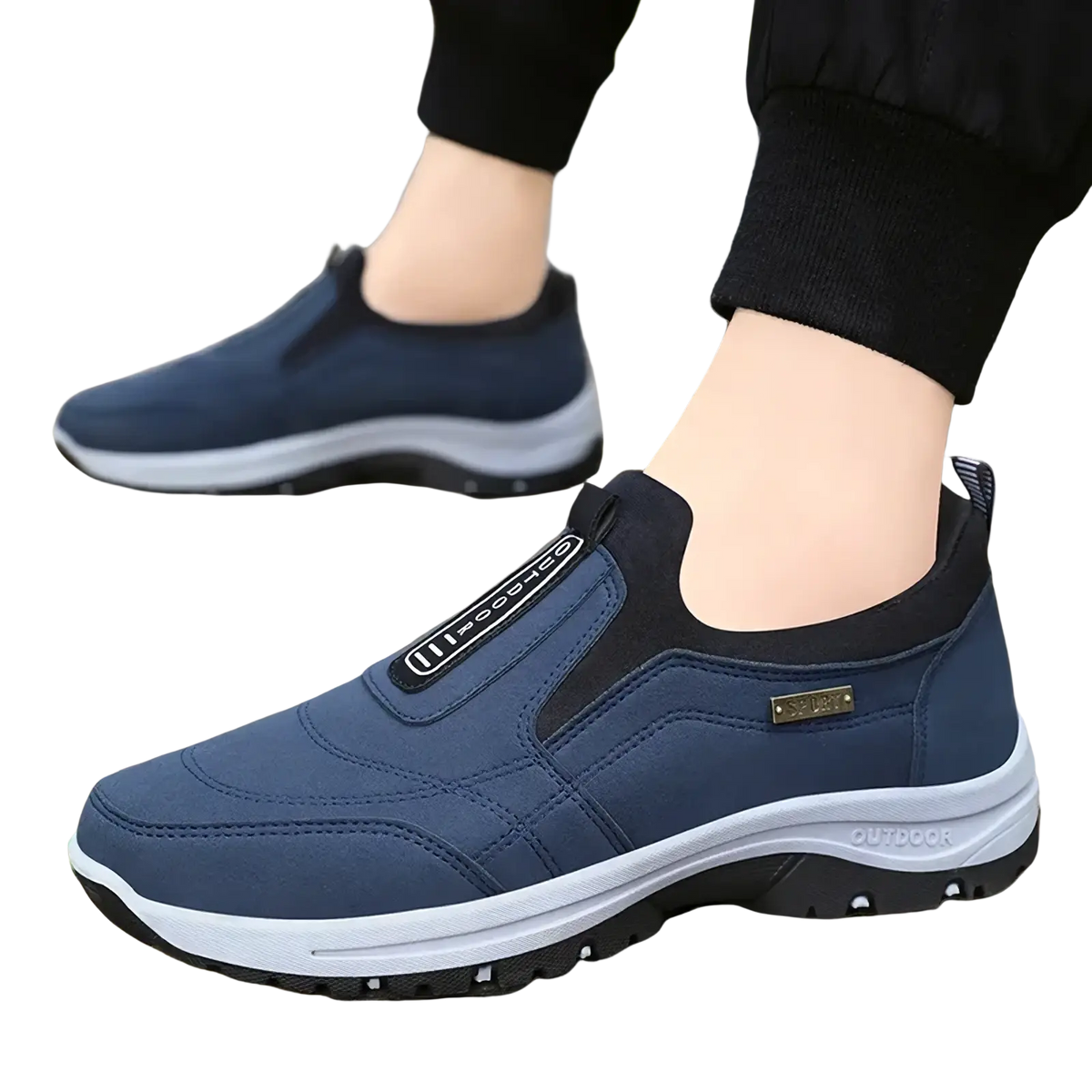 Men orthopedic slip-on walking shoe in navy blue with gray and black accents breathable mesh upper and rubber sole