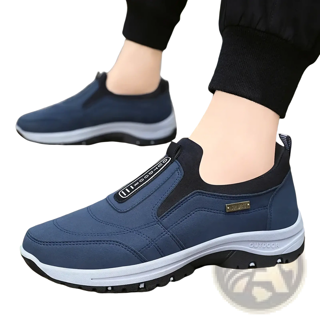 Men orthopedic slip-on walking shoe in navy blue with gray and black accents breathable mesh upper and rubber sole